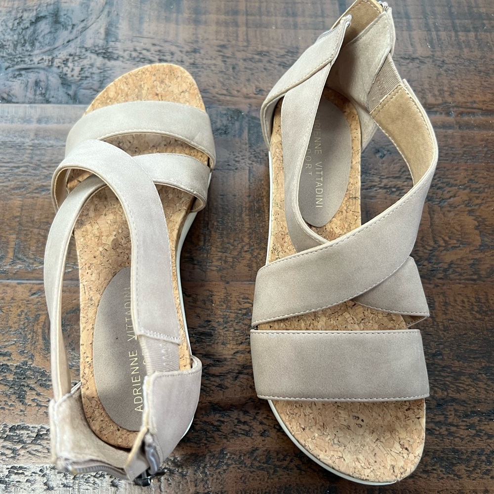 Adrienne Vittadini Taupe Suede Cork Wedge Sandals